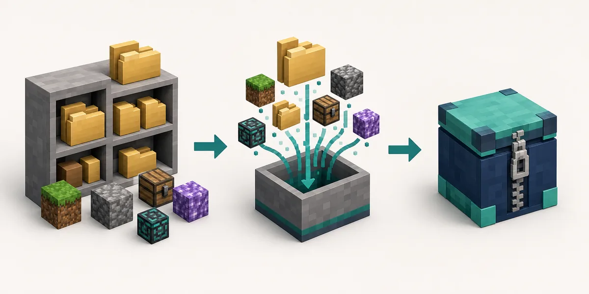 Editorial illustration showing Minecraft modpack folders packaged into an MRPACK archive