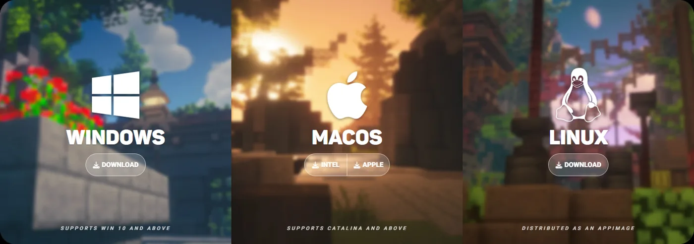 Official Lunar Client download page showing Windows, macOS, and Linux choices