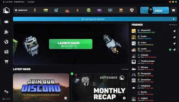 Official Lunar Client launcher view used in the Modrinth modpack import walkthrough
