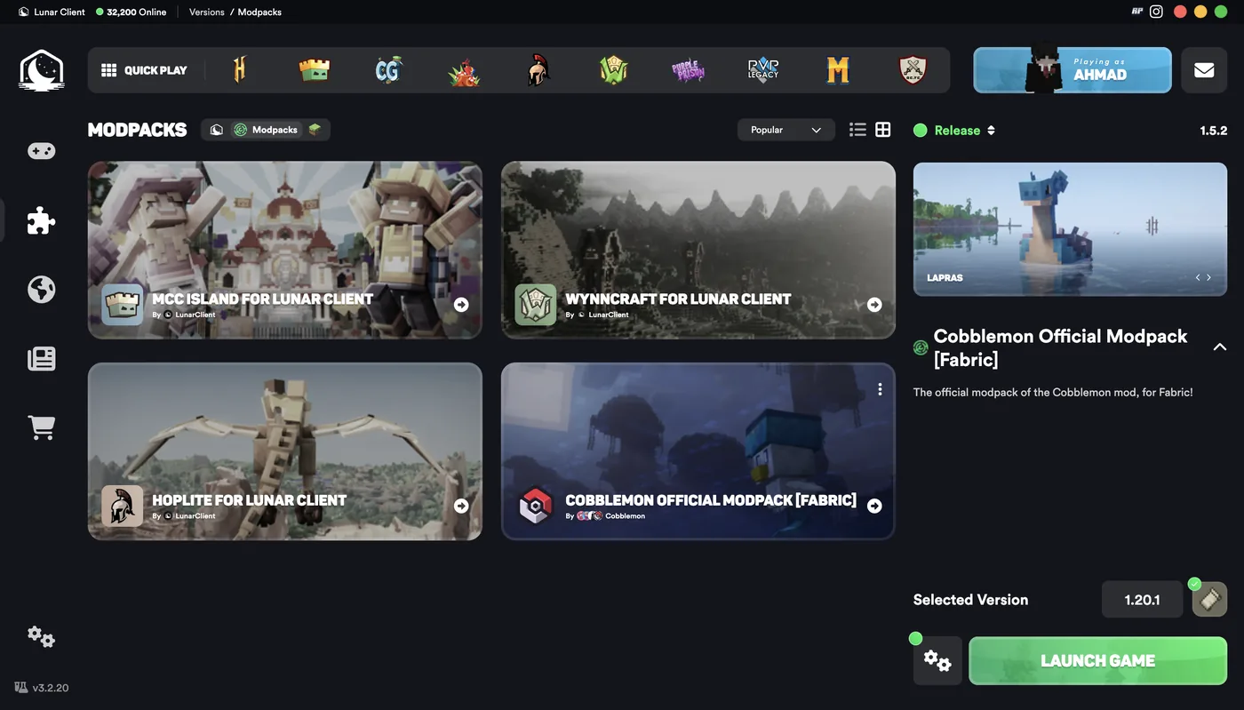 Official Lunar Client Modpacks screen showing installed packs, a selected Minecraft version, and a launch control
