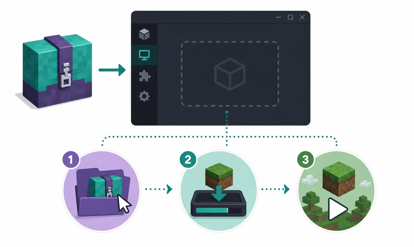 Editorial illustration of a Modrinth MRPACK entering a generic launcher and moving through file selection, installation, and launch steps