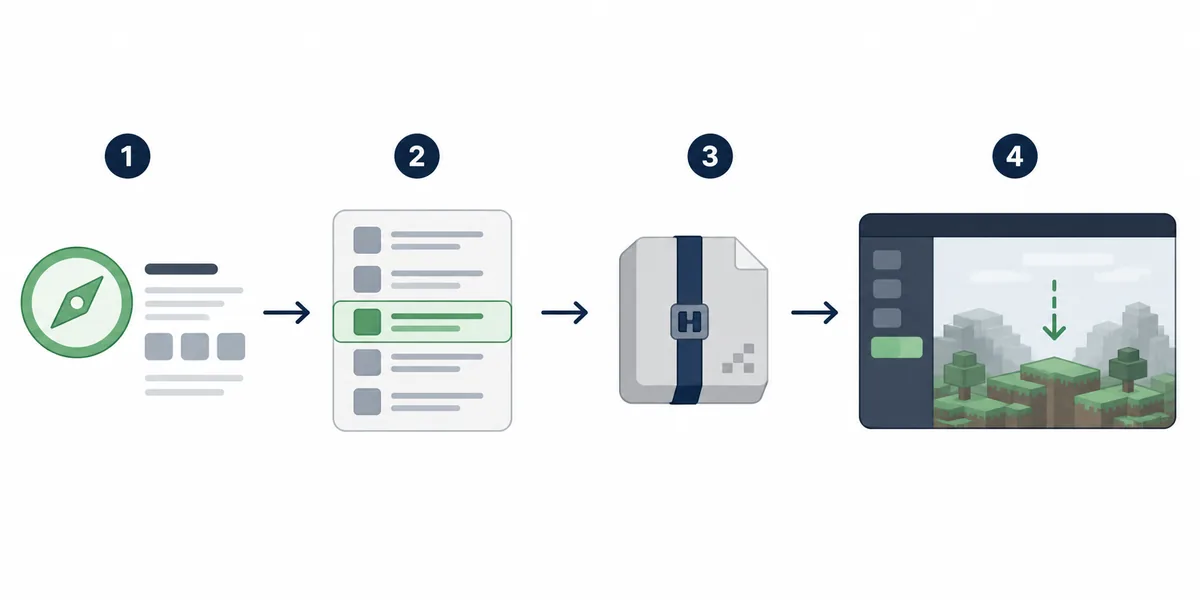 Illustrative four-step workflow from a Modrinth project page to a selected release, MRPACK file, and Minecraft launcher