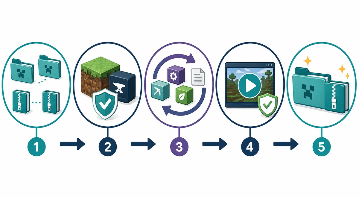 Editorial five-stage illustration of backing up, checking compatibility, updating mods, testing, and refreshing a Modrinth modpack