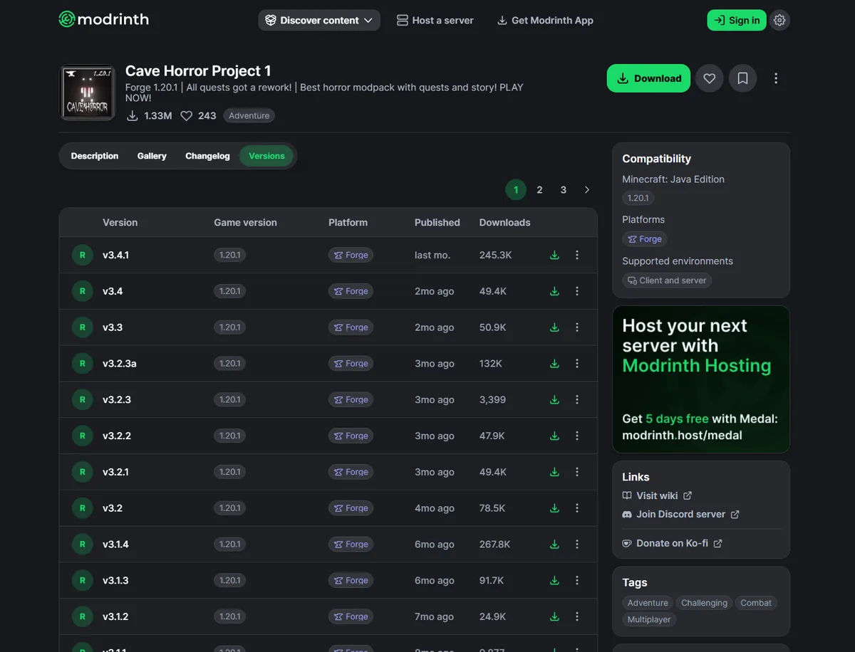Official Modrinth Versions tab for a modpack with game version, loader, and download controls