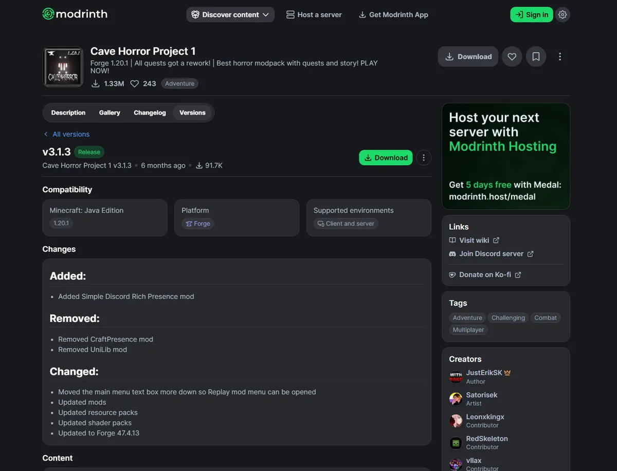 Official Modrinth version detail page showing Minecraft version, Forge platform, and client and server compatibility