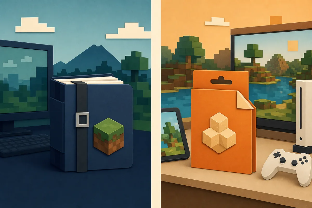 Editorial comparison illustration showing a Java MRPACK package beside a Bedrock add-on package