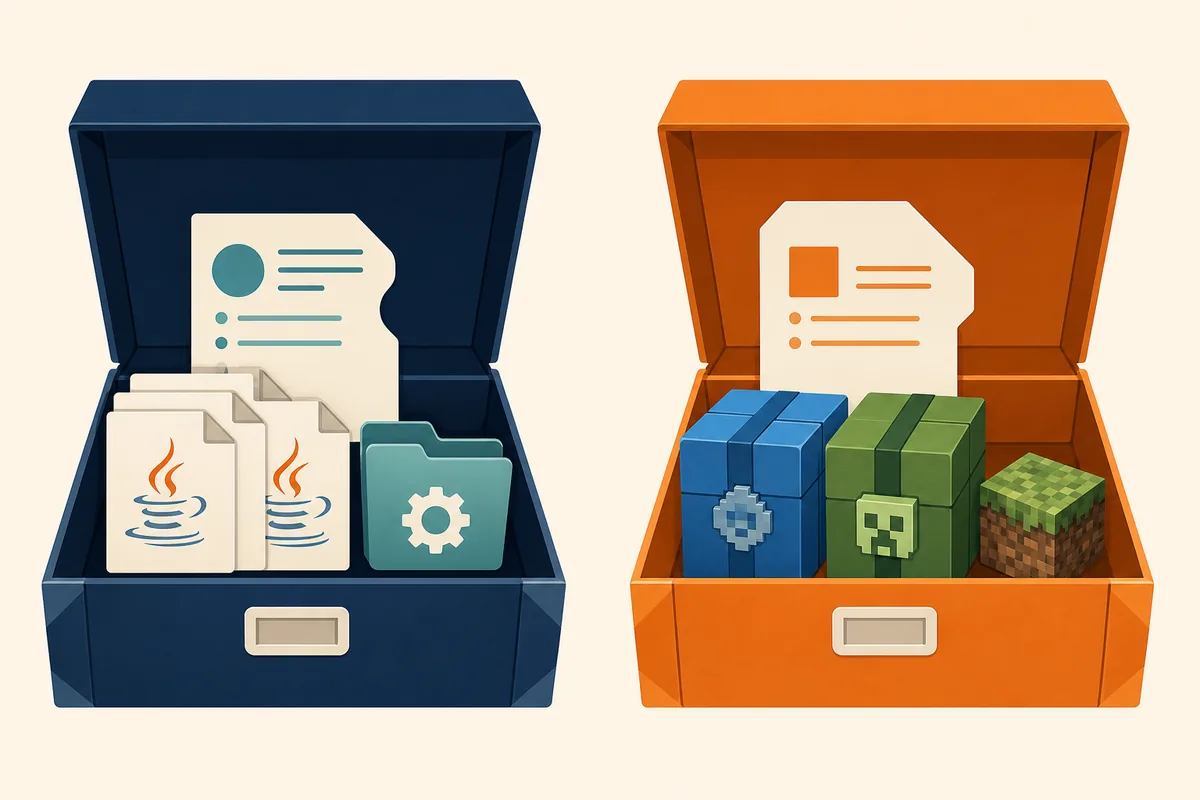 Editorial comparison showing different internal contents for Java MRPACK and Bedrock add-on packages