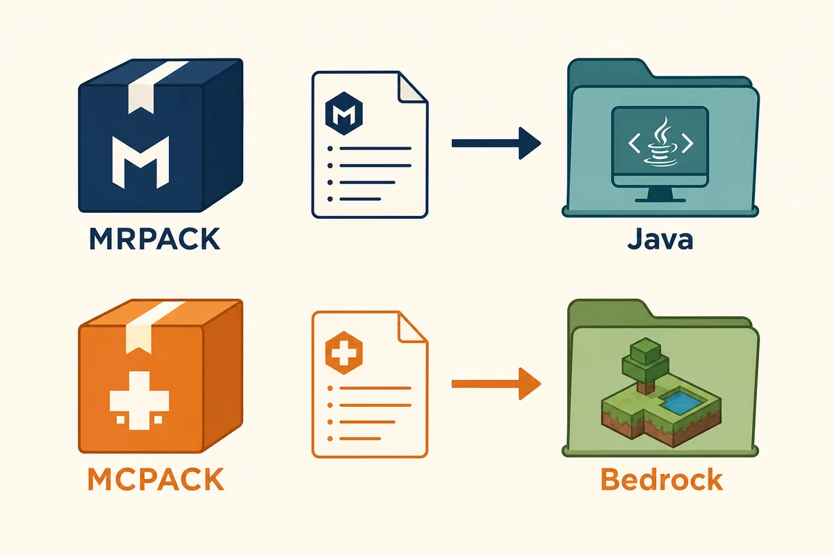 Editorial flow showing MRPACK leading to a Java instance while MCPACK leads to a Bedrock add-on or world
