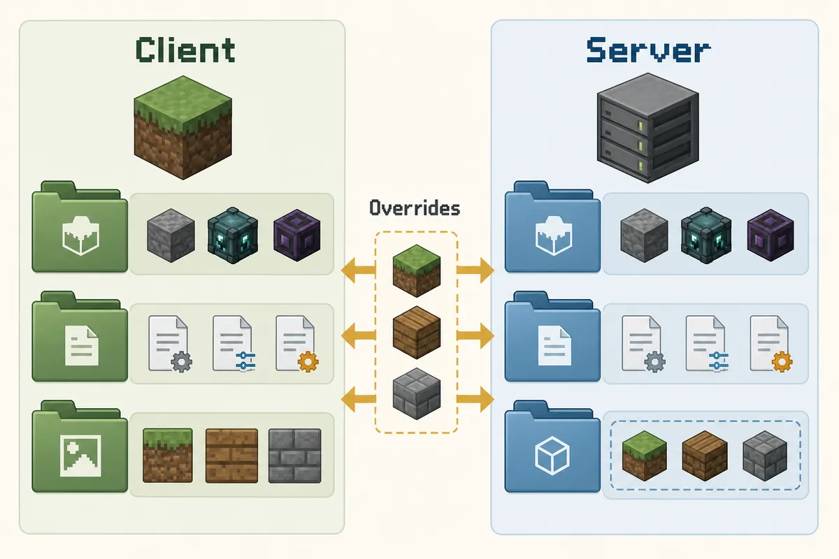 Editorial comparison showing client files, server files, and override folders in an MRPACK workflow