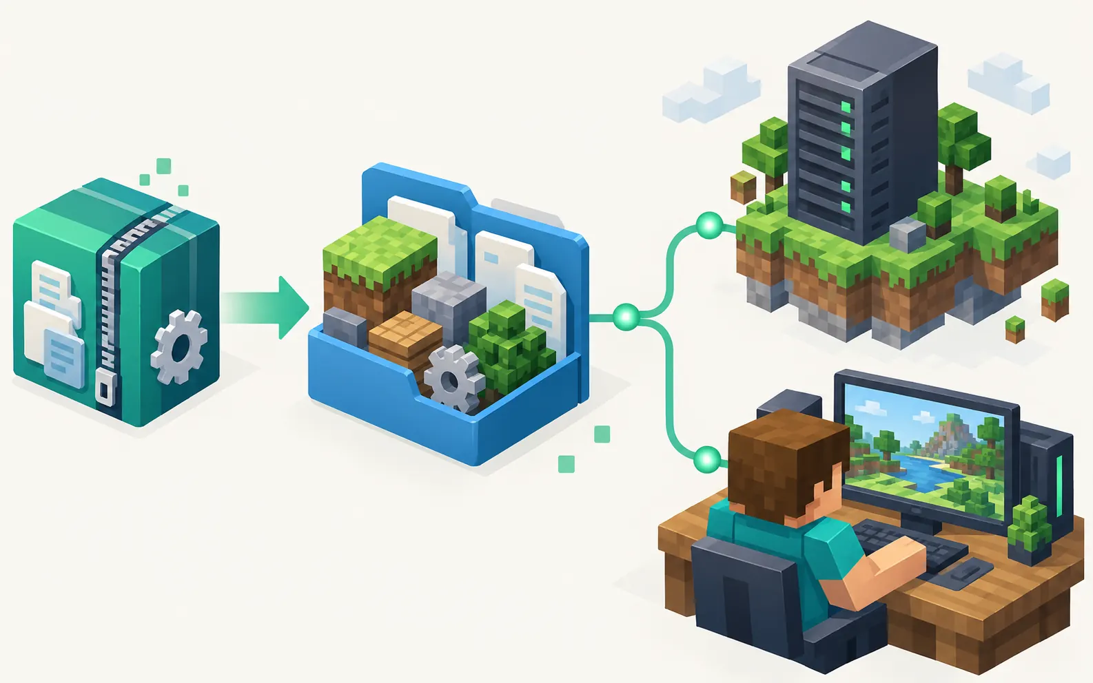 Illustrative flow from a Modrinth MRPACK package through server preparation to a hosted Minecraft server and matching player client