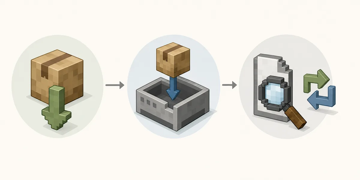 Three-step editorial flow for opening an MRPACK file from download to launcher import or inspection