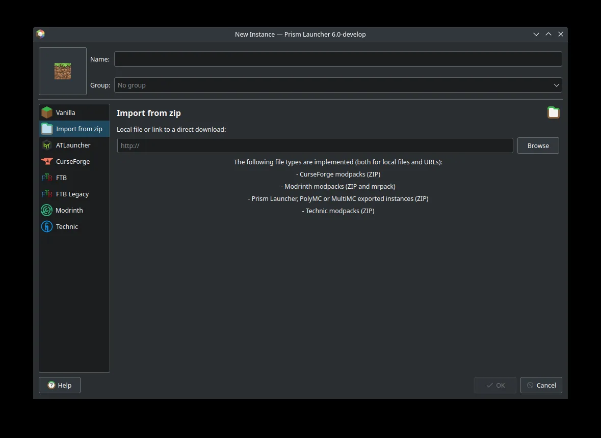 Official Prism Launcher Import from zip screen with a local file or direct download field