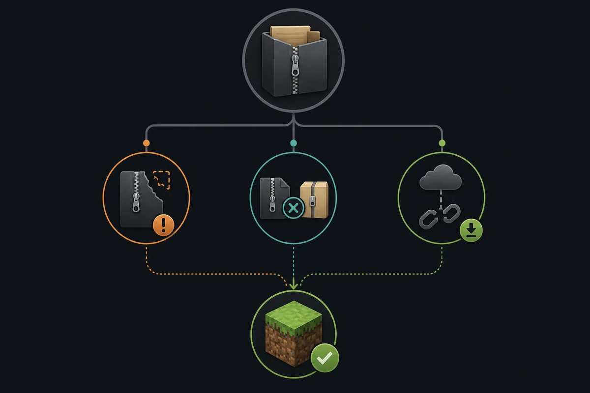 Illustrative troubleshooting diagram for incomplete archives, wrong file types, and failed MRPACK downloads