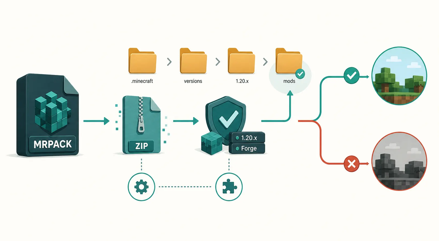 Explanatory diagram showing a safe MRPACK to ZIP workflow before installing files into a TLauncher Minecraft profile