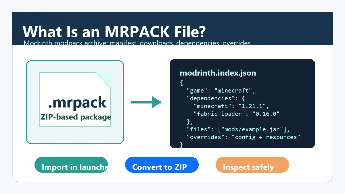 Diagram showing an MRPACK file with modrinth.index.json, downloads, dependencies, and override folders